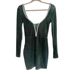 Superdown Corrina Sweetheart Mini Dress Velvet Green Crystal Trim XS Long Sleeve